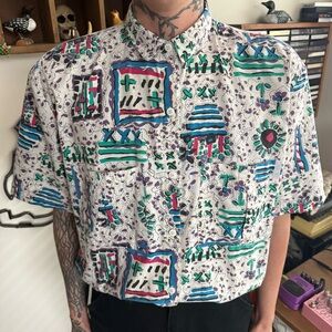 Vintage 80s 90s Cherokee Abstract AOP S/S Button Down Shirt ~ Size Large